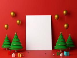 Szene aus leerem Weißbuch, das sich an die Wand mit Weihnachtsbaum lehnt, 3D-Rendering foto