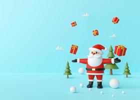 Frohe Weihnachten, Weihnachtsmann mit Weihnachtsgeschenken auf blauem Hintergrund, 3D-Rendering genießen foto