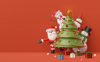 Frohe Weihnachten und ein glückliches neues Jahr, Weihnachtsmann und Schneemann in einer Weihnachtsfeier mit Weihnachtsbaum, Ornamente auf rotem Kopierraumhintergrund, 3D-Rendering foto