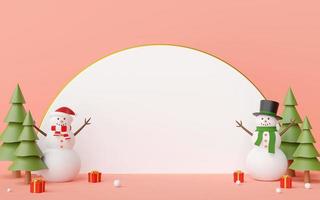 Frohe Weihnachten und ein glückliches neues Jahr, Szene von Schneemann und Weihnachtsgeschenken mit weißem Leerzeichen auf blauem Hintergrund, 3D-Rendering foto