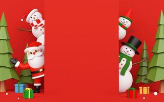 Frohe Weihnachten und ein glückliches neues Jahr, Weihnachtsmann und Schneemann auf Karteneinladung mit Kopienraum in der Mitte, 3D-Rendering