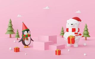 Frohe Weihnachten und ein glückliches neues Jahr, Szene des Weihnachtspodiums mit Bär und Pinguin auf rosa Hintergrund, 3D-Rendering foto