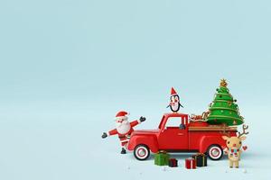 Frohe Weihnachten und ein glückliches neues Jahr, Weihnachtsfeier Hintergrund mit Weihnachts-LKW und Weihnachtsmann, 3D-Rendering foto