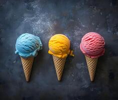 ai generiert Trio von Schokolade Minze Eis Sahne - - bunt isoliert Eis Cremes zum ein Süss Sommer- behandeln foto