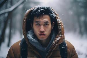 ai generiert asiatisch jung Erwachsene Mann hat verloren im Wald beim schneebedeckt Winter Tag, neural Netzwerk generiert fotorealistisch Bild foto