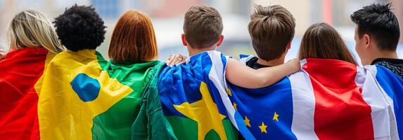 patriotisch Menschen eingewickelt im International Flaggen zu Show Einheit während mal von politisch Krise foto