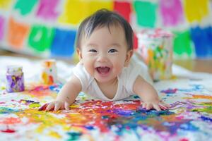 ai generiert kreativ asiatisch Kind haben Spaß Zeichnung und spielen mit Farben und Gemälde Bürsten foto