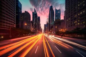 ai generiert Multi-Lane Autobahn mit verschwommen der Verkehr Beleuchtung Wanderwege mit groß Nacht Stadt Innenstadt im das Hintergrund, neural Netzwerk generiert Bild foto