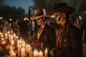 ai generiert zwei kostümiert Cowboys mit Schädel bilden im Vorderseite von ein Tabelle mit Kerzen beim das Veranstaltung zum dia de los Muertos beim Nacht, neural Netzwerk generiert Bild foto