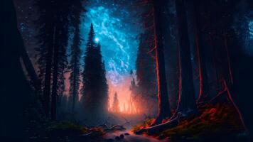 ai generiert Fantastisch Sommer- Nacht Wald mit Sterne und Nebel, neural Netzwerk generiert Kunst foto