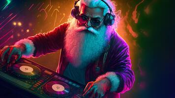 ai generiert Santa claus spielen auf analog Synthesizer, Synthwave Stil, neural Netzwerk generiert Kunst foto