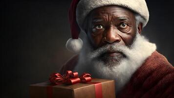 ai generiert afrikanisch amerikanisch Santa claus mit Geschenk Kasten, schließen Porträt mit rembrandt Beleuchtung, neural Netzwerk generiert Kunst foto