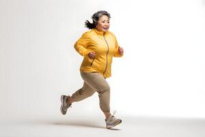 ai generiert Übergewicht Senior asiatisch Frau Laufen auf Weiß Hintergrund, Konzept von Übergewicht und Gewicht Verlust. neural Netzwerk generiert fotorealistisch Bild foto