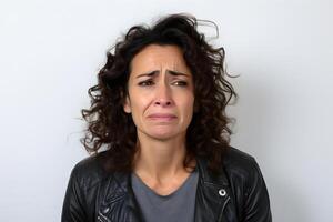 Weinen Erwachsene Latein amerikanisch Frau, Kopf und Schultern Porträt auf Weiß Hintergrund. neural Netzwerk generiert fotorealistisch Bild foto