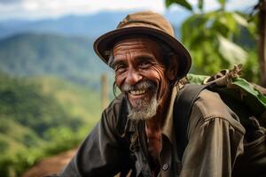 ai generiert männlich Kaffee Farmer lächelnd im Vorderseite von seine Bauernhof Bokeh Stil Hintergrund mit generativ ai foto