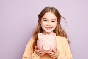 ai generiert ein jung Mädchen halten Schweinchen Bank mit generativ ai foto