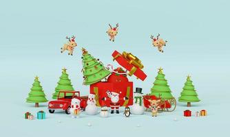 Frohe Weihnachten und ein glückliches neues Jahr, Szene der Weihnachtsfeier mit Weihnachtsmann und Freunden mit großer Geschenkbox, 3D-Rendering foto