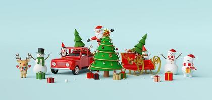 Frohe Weihnachten und ein glückliches neues Jahr, Szene der Weihnachtsfeier mit Weihnachtsmann und Freunden, 3D-Rendering