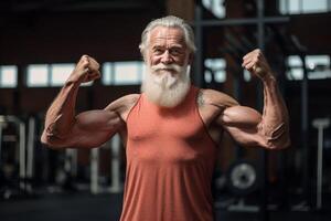 ai generiert ein Alten Mann Show seine Muskel im das Fitnessstudio Bokeh Stil Hintergrund mit generativ ai foto
