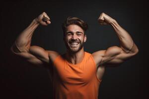 ai generiert Fitness Mann Show seine Muskeln auf schwarz Hintergrund mit generativ ai foto