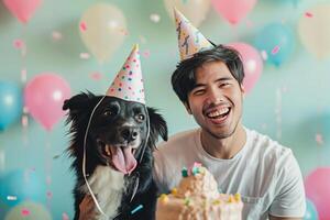 ai generiert ein Mann feiern seine Hund Geburtstag mit generativ ai foto