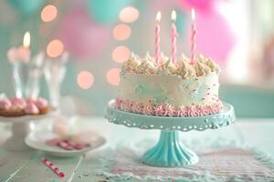 ai generiert Pastell- Geburtstag Kuchen Bokeh Stil Hintergrund mit generativ ai foto