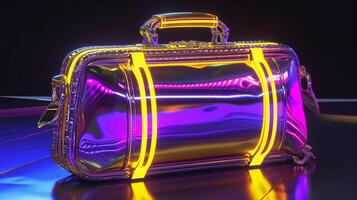 ai generiert ein futuristisch Frau Tasche Design, glatt und innovativ Form, primär Farben lila und Gelb. metallisch Akzente, holographisch Texturen, Neon- Beleuchtung Auswirkungen. foto