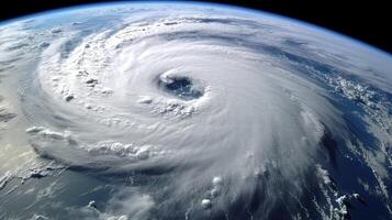 Hurrikan Florenz Über Atlantik. Super Taifun Über das Ozean. das Auge von das Hurrikan. das atmosphärisch Zyklon. Satellit Sicht. generativ ai foto