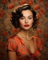 Porträt von ein schön Frau mit rot Lippenstift auf ein Blumen- Hintergrund generativ ai foto