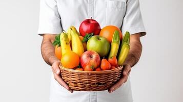Mann halten Korb von Früchte, Farmer präsentieren frisch Früchte, gesund Essen Reich im Vitamine. generativ ai foto