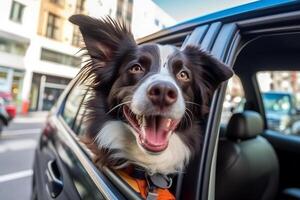 glücklich Hund mit Kopf aus von das Auto window.generative ai. foto