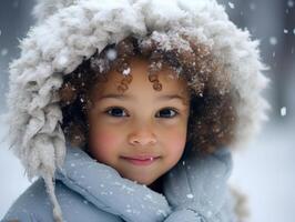 afrikanisch amerikanisch Kind genießt das Winter schneebedeckt Tag im spielerisch emotional dynamisch Pose ai generativ foto