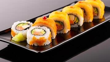 mit Garnelen gefüllt frittiert Sushi Rollen zum ein heiß und aromatisch beissen, generativ ai foto