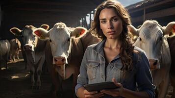 glücklich weiblich Farmer Stehen mit Kühe beim das das Vieh farm.weiblich Farmer erziehen Kühe foto