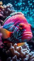 ai generativ Schwanzfleck Eichhörnchenfisch Schwimmen unter Wasser auf ein tropisch Koralle Riff foto