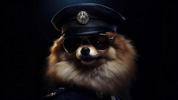 pommerschen Hund im ein Polizei passen und Outfit Illustration, pommerschen komisch Hund Welpe, pommerschen sind attraktiv und charmant komisch Hund, Haustier komisch Tiere generativ ai foto