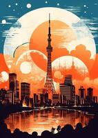 ai generativ Tokyo Japan Oktober 312019 Tokyo Stadt Horizont Aussicht und rot Turm Gebäude beim Japan mit Sonnenuntergang und bunt Himmel schön von Wolke und Himmel im Dämmerung und Dämmerung foto