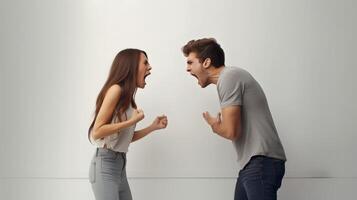ai generativ wütend Mädchen schreien beim ihr Freund beim Zuhause Paar Kampf im das Badezimmer foto