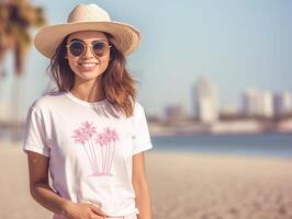 ai generativ attraktiv kaukasisch Mädchen Dressing Hut und Sonnenbrille nehmen ein Selfie beim das Strand beim Sommerzeitkonzept Über Urlaub Technologie und Menschen foto