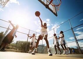 ai generativ Basketball auf Straße Gericht Korb Ball Spieler spielen draussen Sport Lebensstil Konzept foto