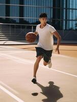 ai generativ Basketball Straße Spieler Dribbling mit Ball auf das Gericht Streetball Ausbildung und Aktivität Konzept foto