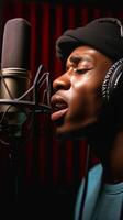 ai generativ bärtig afro amerikanisch Mann Singen zu Mikrofon Aufzeichnung Lied im Musik- Studio Produktion Musik- Hobby und Festival Konzept foto