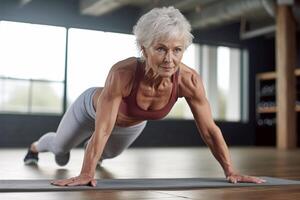 ai generativ schön Brünette älter Frau Ausbildung Fitnessstudio beim Zuhause Senior weiblich trainieren Fitness Gymnastik Innen- foto