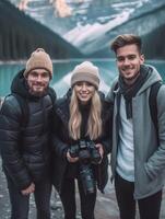 ai generativ schön Paar von jung Erwachsene nehmen Selfie im Winter alpin See glücklich Touristen Besuch See von Schrei Italien Reise Lebensstil und Fernweh Konzept foto