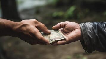 ai generativ Geschäftsmann hilft ein obdachlos geben Geld Geschäft Menschen und Lebensstil Konzept kaukasisch Menschen foto