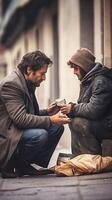 ai generativ Geschäftsmann hilft ein obdachlos geben Geld Geschäft Menschen und Lebensstil Konzept kaukasisch Menschen foto