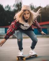ai generativ kaukasisch Mädchen ist nehmen ein Selfie mit ihr Smartphone auf ihr Skateboard concpet Über Sport Menschen Lebensstil und Technologie foto