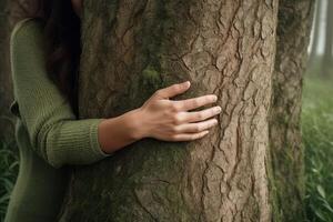 ai generativ Nahansicht Frau Hände umarmen Baum Kofferraum foto