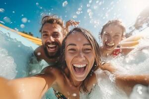 ai generativ Paar im Liebe haben Spaß beim das Wasserpark beim Sommer pov Aussicht foto