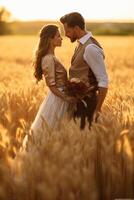 ai generativ Paar im Liebe küssen auf ein Weizen Feld beim Sonnenuntergang foto